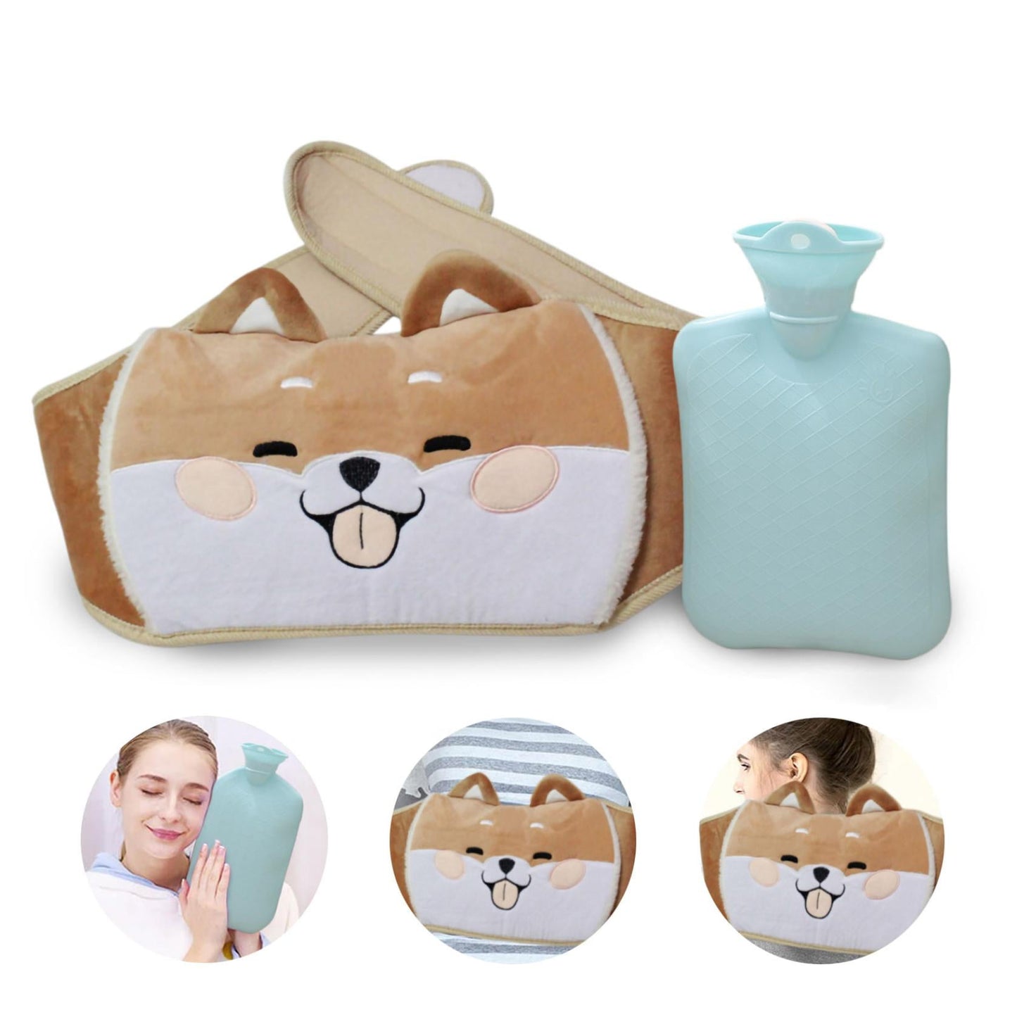 Hot Water Bag,Heating Pads for Back Pain,Cute Shiba Inu Hot Water Bottle Belt Set, Rubber Hot Water Bottle To And Warmth,Hot Water Bottle for Pain Relief,Hot Water Bag(Blue+Belt 1L+44in)