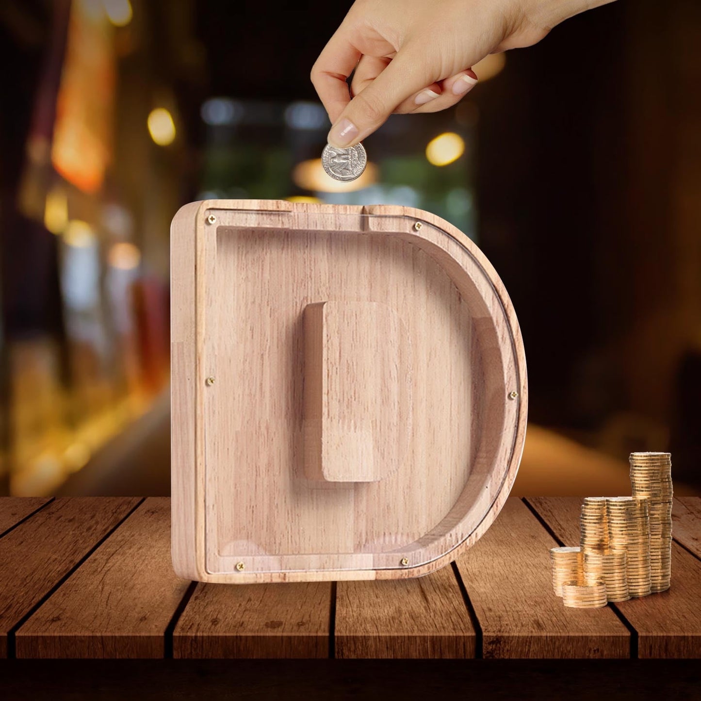 Saving Box,Piggy Bank for Boys,Wooden Letter Piggy Bank, Creative Piggy Bank Custom Wooden Piggy Bank, Letter Coin Bank,Wood Toys Money Saving Bank,Money Box Coin Bank Toys(D 7in+Sticker)