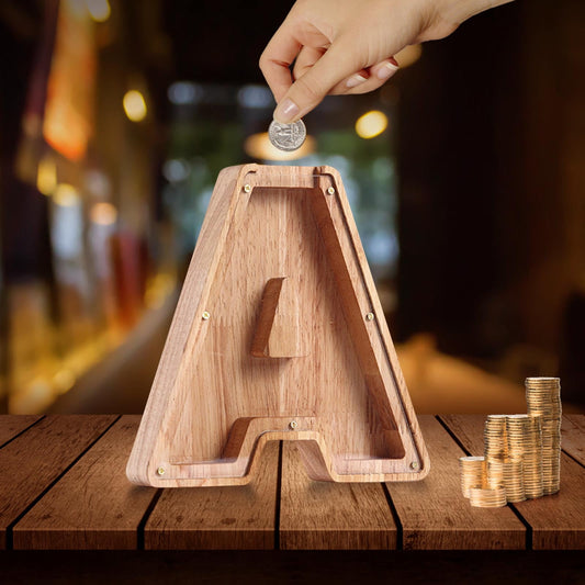 Money Saving Box,Piggy Bank,Wooden Letter Piggy Bank, Creative Piggy Bank Custom Wooden Piggy Bank, Letter Coin Bank,Wood Toys Money Saving Bank,Money Box Coin Bank Toys(A 7in+Sticker)