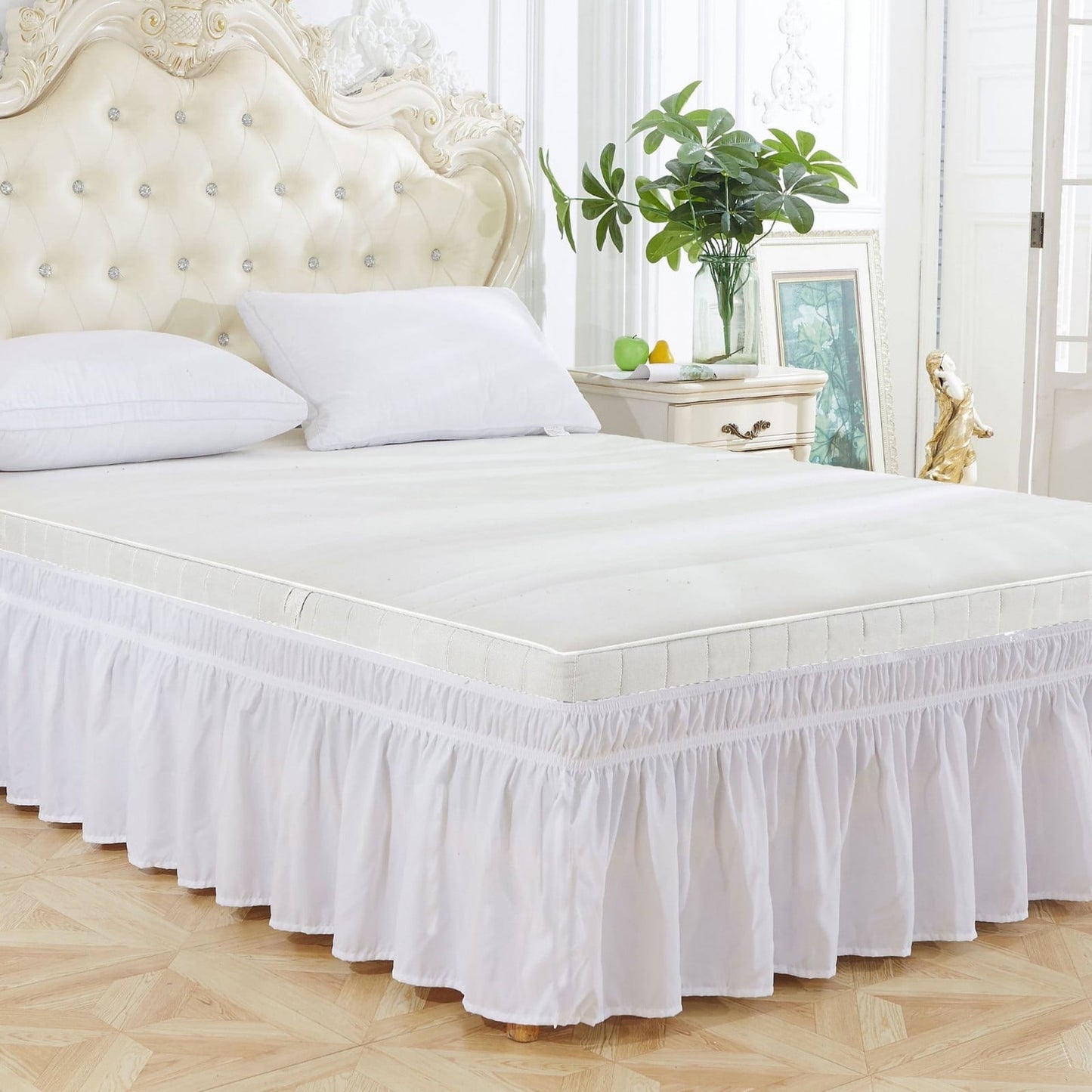 Bed Skirting Queen Size,Bed Skirt Wrap Around Elastic Ruffles with 20in Drop,Wrap Around Bed Skirts with Adjustable Belts for Queen Beds Drop, Sand Elastic(White 75*54in)