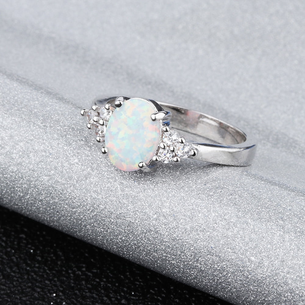 Opal Ring with Diamonds,October Rings for Women,Oval White Fire Opal Ring,925 Sterling Silver Gemstone Jewelry,Opal Big Oval Shank Ring,October Birthstone(Silver #6)from ANMUYUM