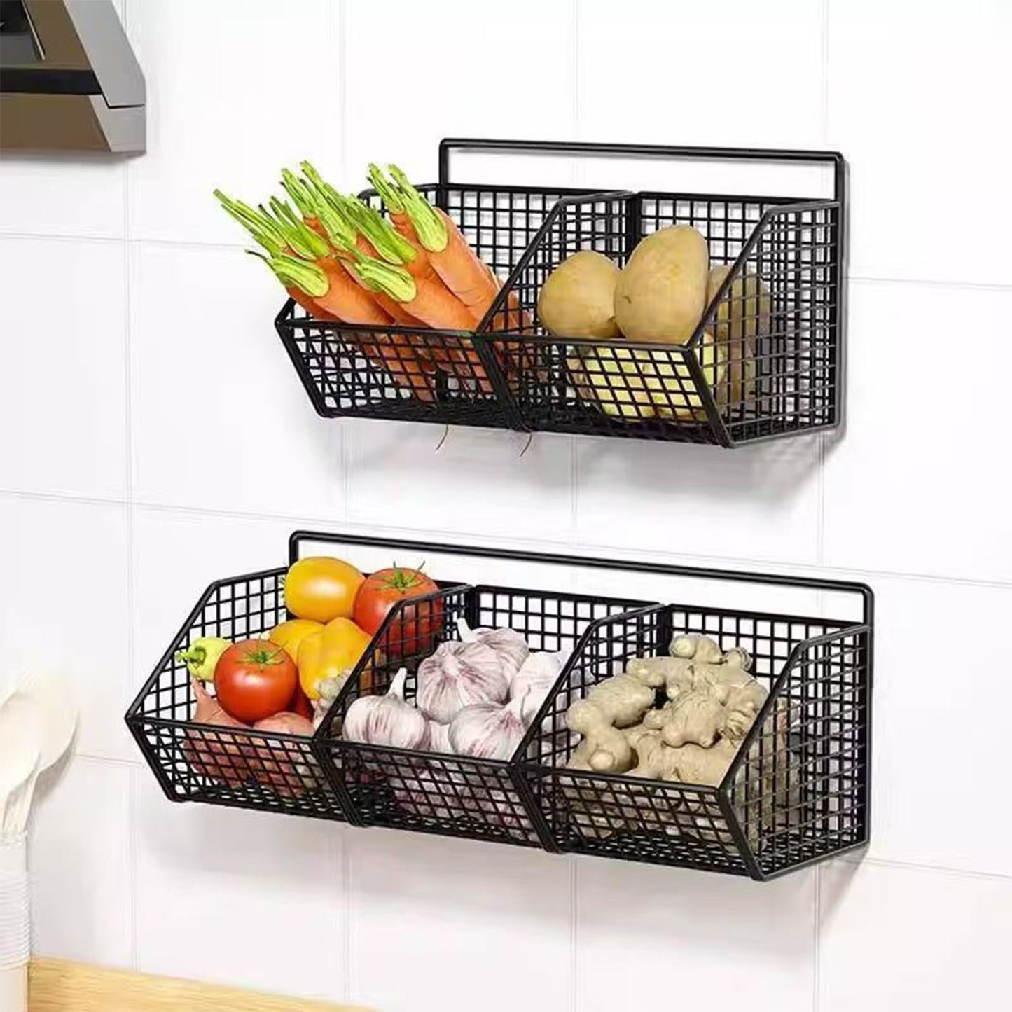 Wall Basket,Hanging Fruit Basket,Black Kitchen Wall Hanging Storage Basket Rustic Stackable Kitchen Counter Fruit Organizer Wire Baskets Container for Veggie Garlic(Black 3-Grids 14in)