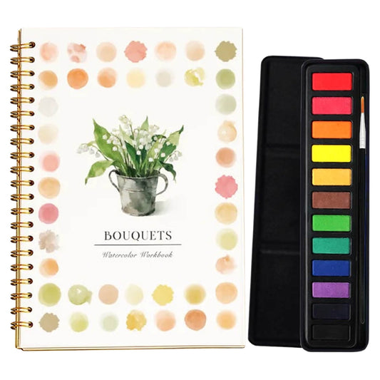 Watercolor Workbook,Watercolor Books,Beginner Friendly Watercolor Workbook,Travel Size Book,Step-by-Step Painting Guide with 12 Sketches,Lay-Flat(Bouquet Book+Paint 9*6.5in)