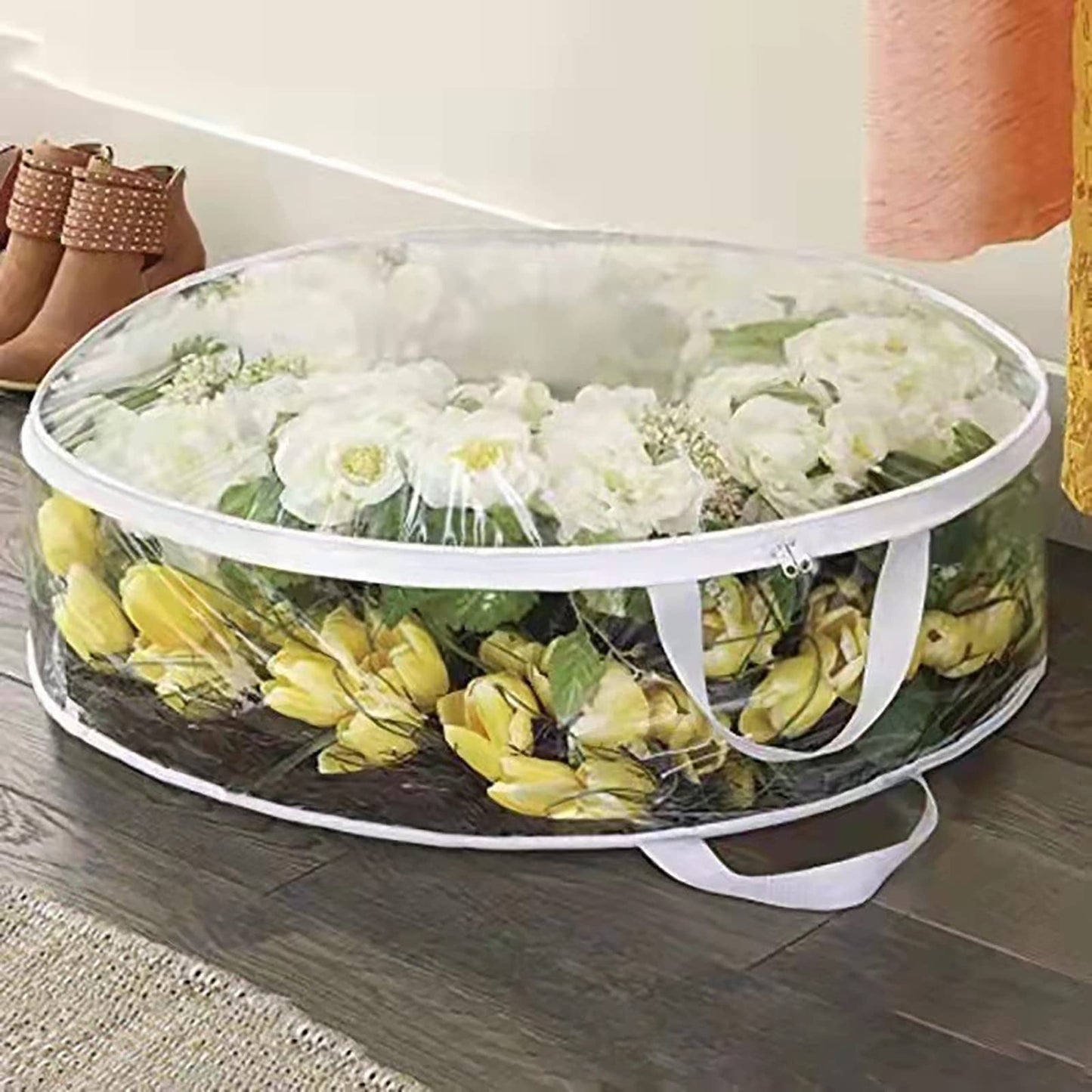 Wreath Storage Box,Wreath Storage Container,Wreath Storage Bag,Garland Holiday Container with Plaid Christmas Wreath Storage Box with Heavy Duty Handle(White 30*8in)