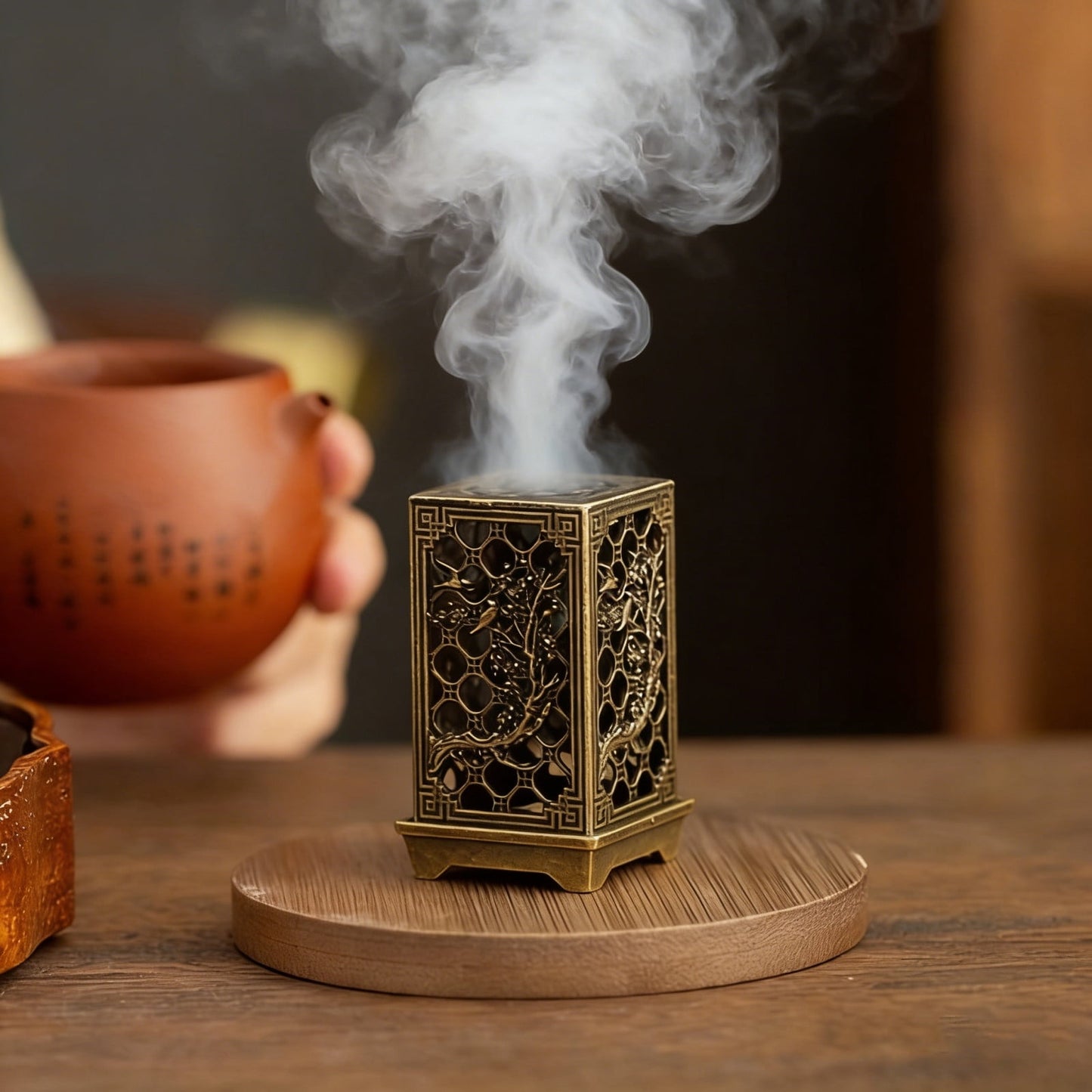 Incense Burner Incense Cone Holder Cone Incense Burner, Bronze Hollow-Out Set with Lid, Stable Base for Ramadan Eid Meditation Yoga Home Spiritual Decor