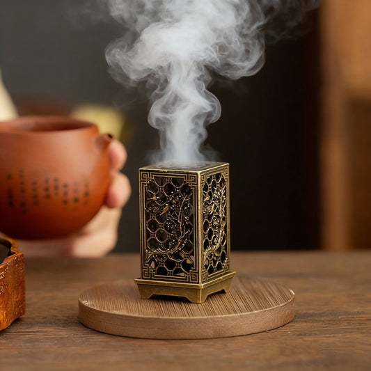 Incense Burner Incense Cone Holder Cone Incense Burner, Bronze Hollow-Out Set with Lid, Stable Base for Ramadan Eid Meditation Yoga Home Spiritual Decor
