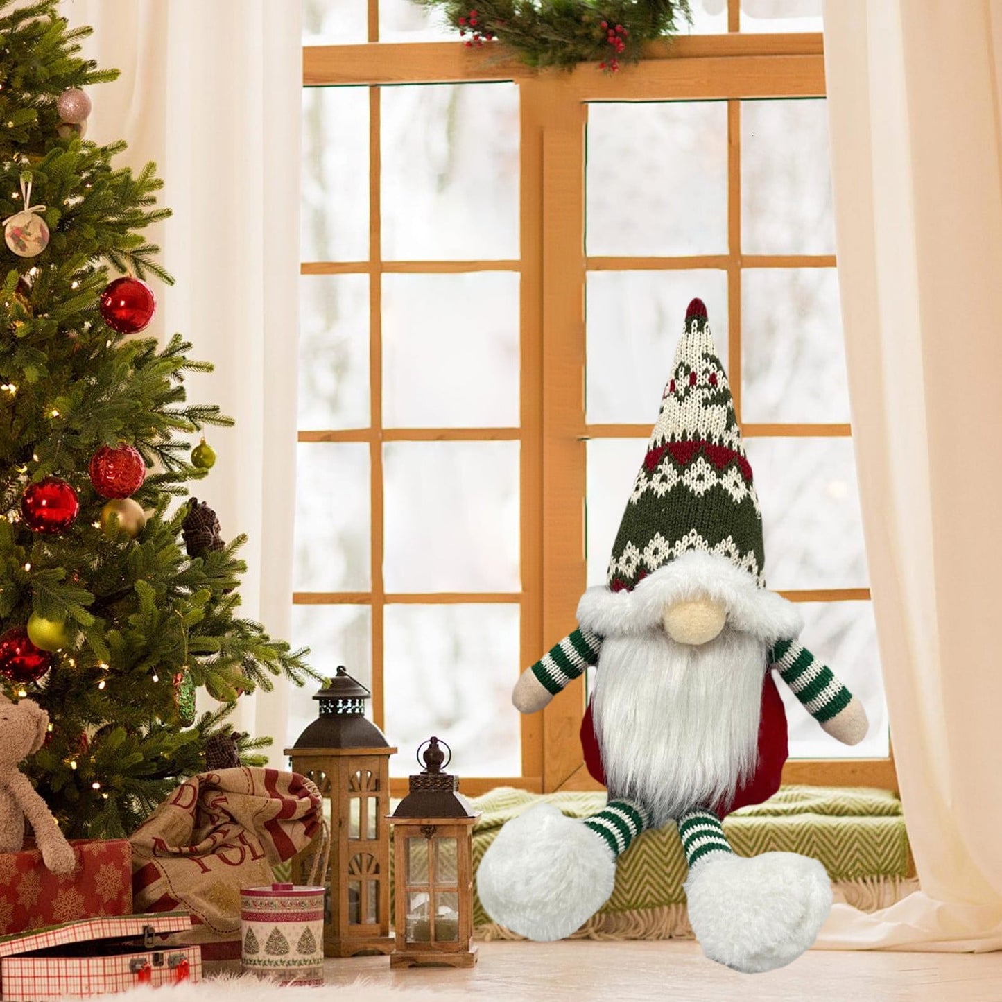 Christmas Ornaments,6-Inch Faceless Gnome Ornament - Red & Green Knitted Wool Hat with Snow Boots, Handmade Rudolph Theme Decor for Christmas Tree,Mantel Displays??