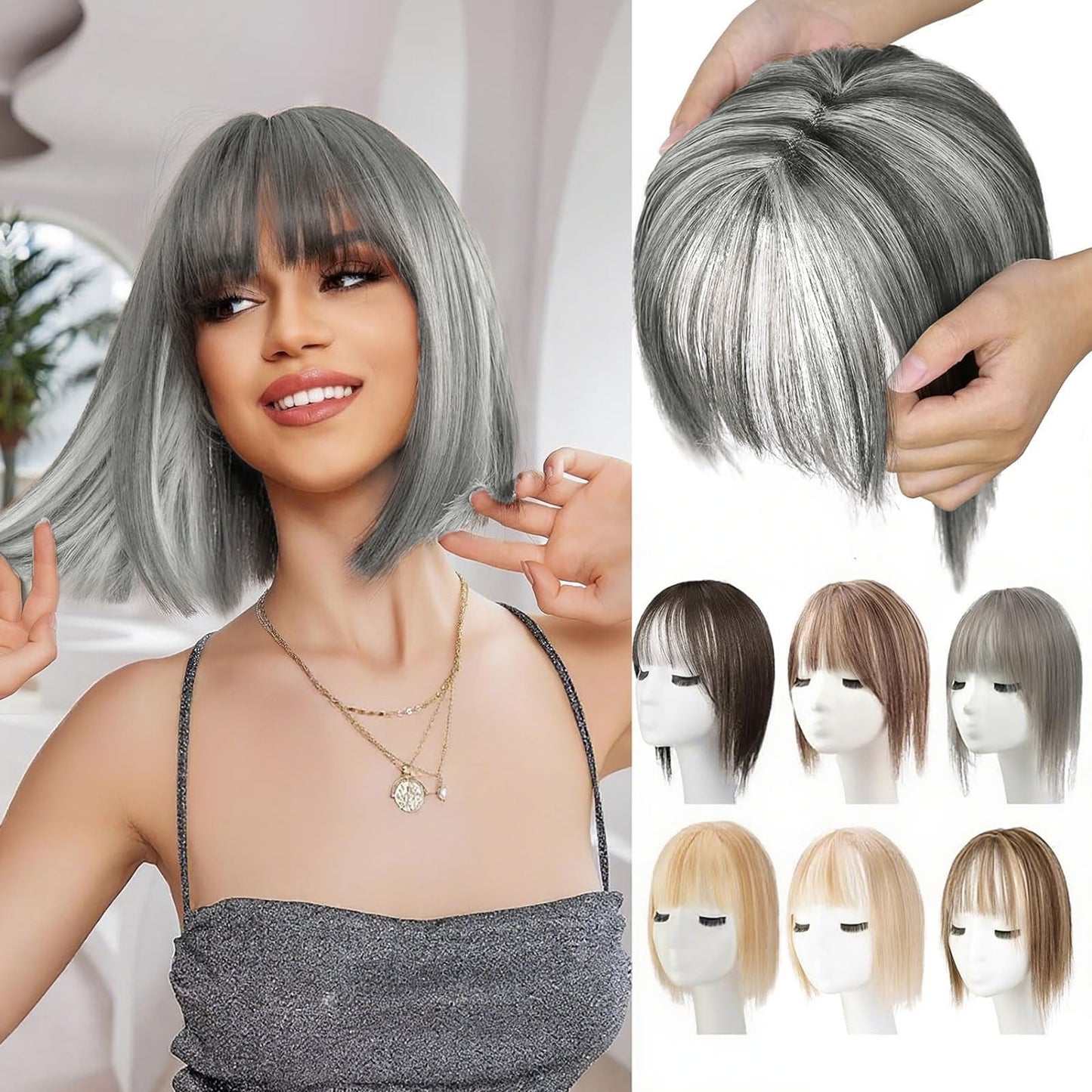 Fake Bangs,Clip In Bangs,Hair Toppers for Women Clip in Bangs Real Human Hair Pieces French Bangs Topper for Solve Loosing And Thinning Add Volume 12 Inches Toppers(L)